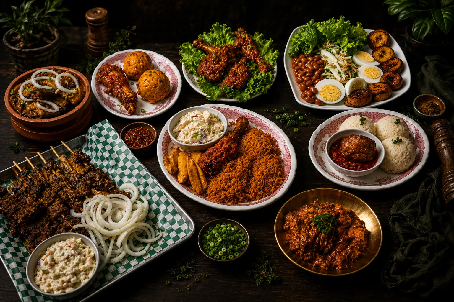 West African spread of Smokey Jollof rice with chicken and plantain, suya skewers and coleslaw at Royal Premium Restaurant in Saskatoon, SK